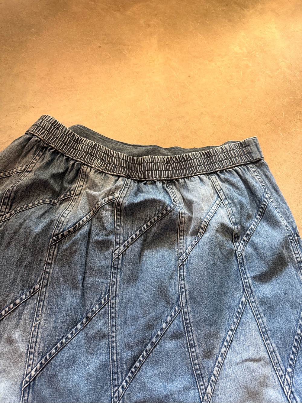 100% COTTON 2 Toned Patchwork Wash Denim Maxi Skirt Made in India Elastic L - Picture 4 of 5